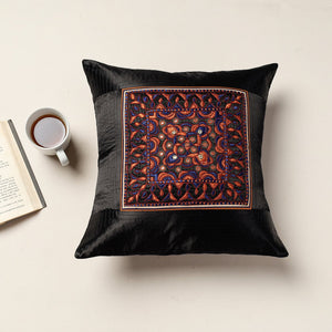 Black - Kutch Pakko Bherni Hand Embroidery Mashru Silk Cushion Cover (15.5 x 15.5 in)