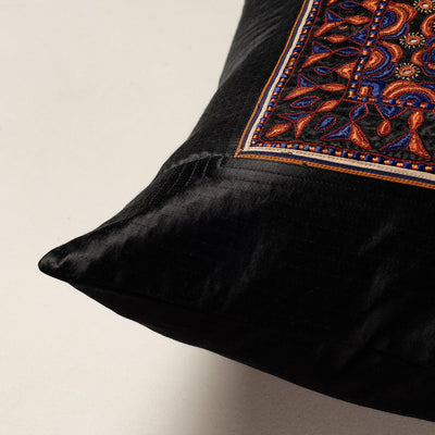 Black - Kutch Pakko Bherni Hand Embroidery Mashru Silk Cushion Cover (15.5 x 15.5 in)