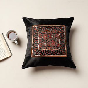 Black - Kutch Pakko Bherni Hand Embroidery Mashru Silk Cushion Cover (15.5 x 15.5 in)