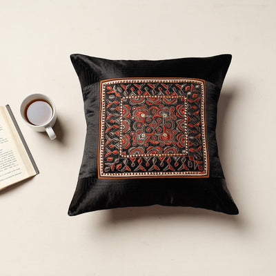 Black - Kutch Pakko Bherni Hand Embroidery Mashru Silk Cushion Cover (15.5 x 15.5 in)