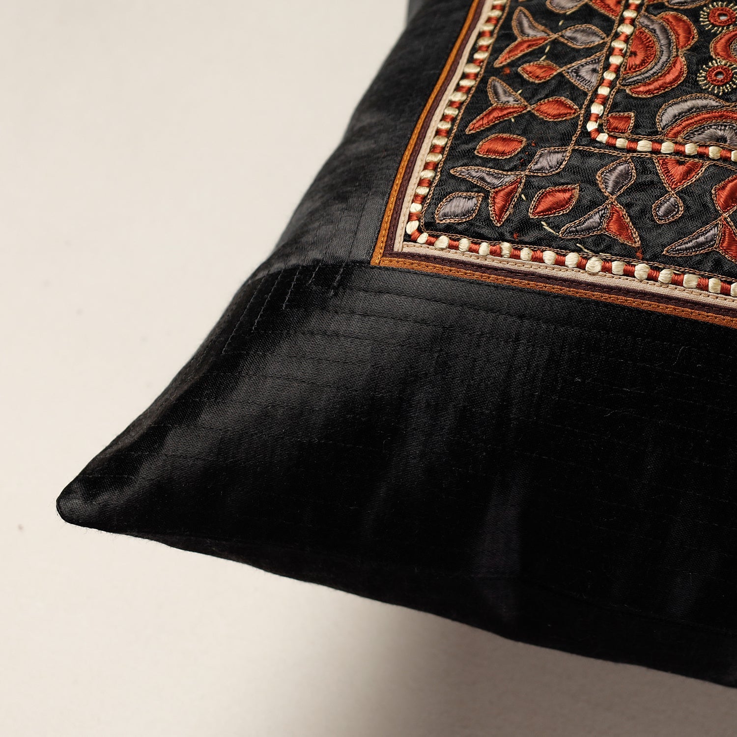 Black - Kutch Pakko Bherni Hand Embroidery Mashru Silk Cushion Cover (15.5 x 15.5 in)