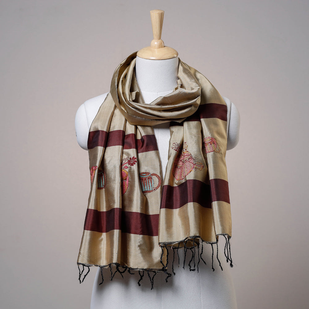 Brown - Bengal Kantha Embroidered Tussar Silk Handloom Stole