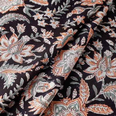 Black with Flowers Block Printed Cotton Sanganeri Fabric