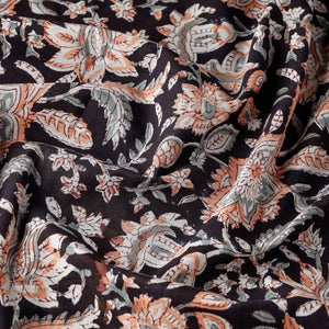 Black with Flowers Block Printed Cotton Sanganeri Fabric