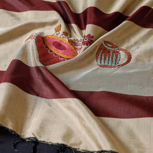 Brown - Bengal Kantha Embroidered Tussar Silk Handloom Stole