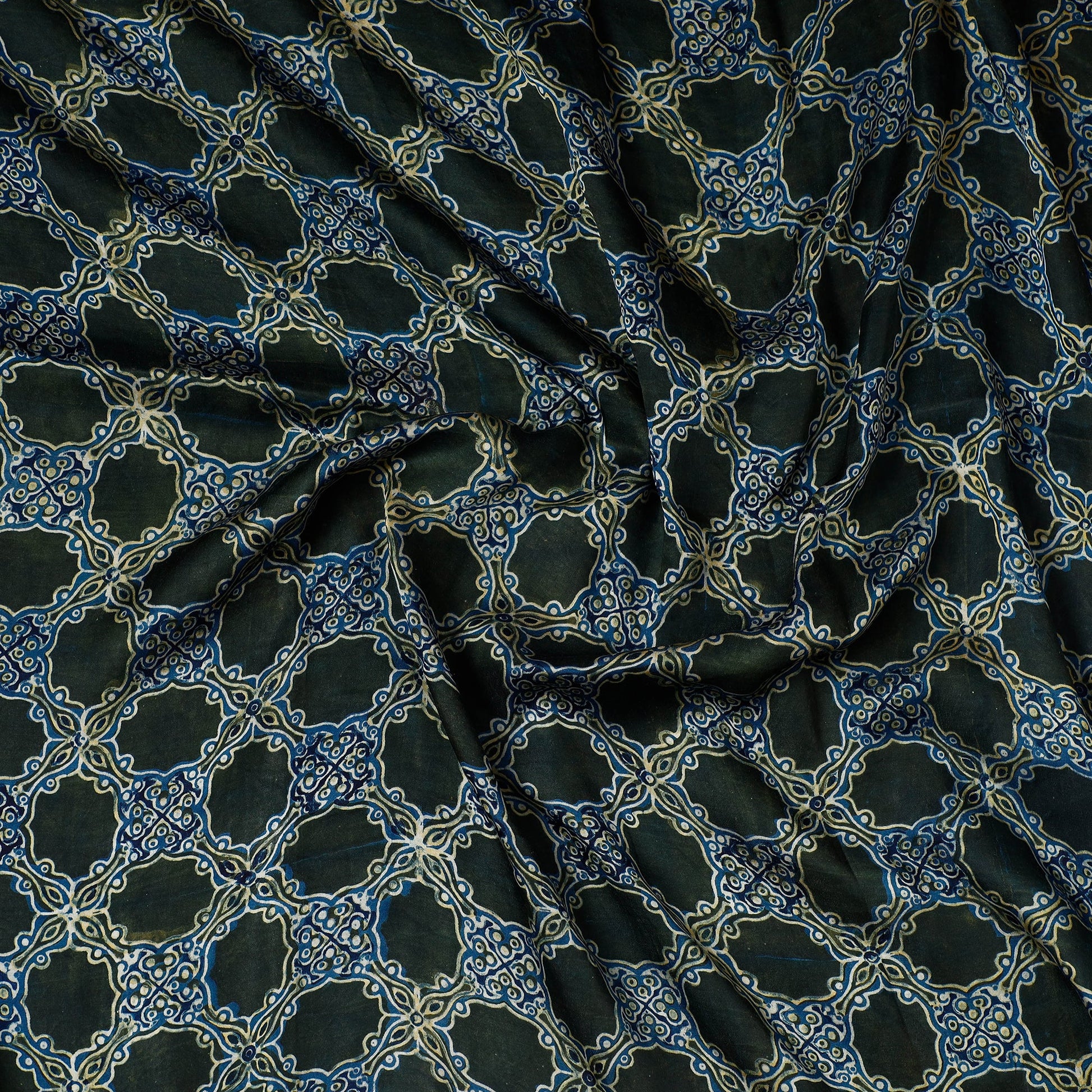 Blue - Ajrakh Block Printed Modal Silk Precut fabric - (0.8 meter)