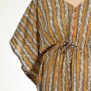Brown - Hand Batik Printed Cotton Kaftan with Tie-Up Waist (Long)