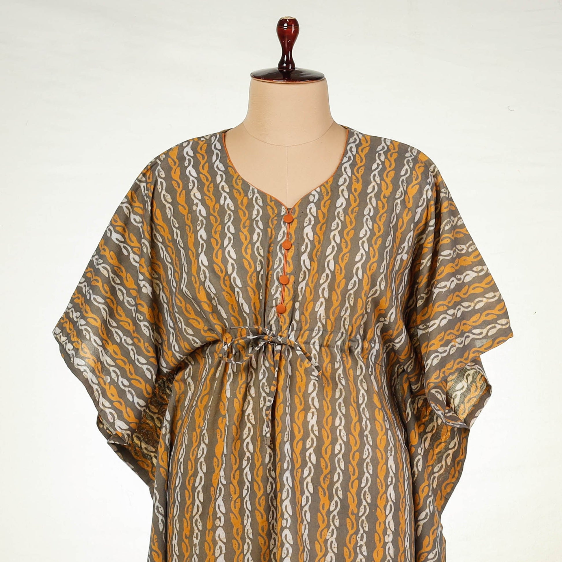 Brown - Hand Batik Printed Cotton Kaftan with Tie-Up Waist (Long)