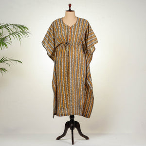 Brown - Hand Batik Printed Cotton Kaftan with Tie-Up Waist (Long)