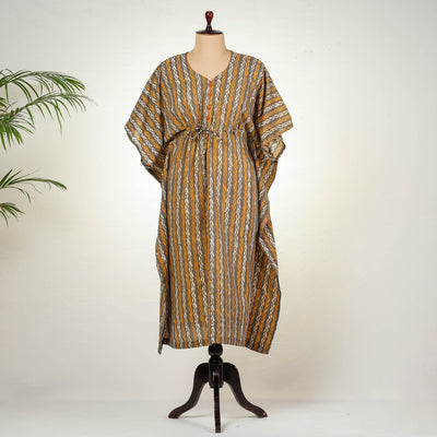 Brown - Hand Batik Printed Cotton Kaftan with Tie-Up Waist (Long)