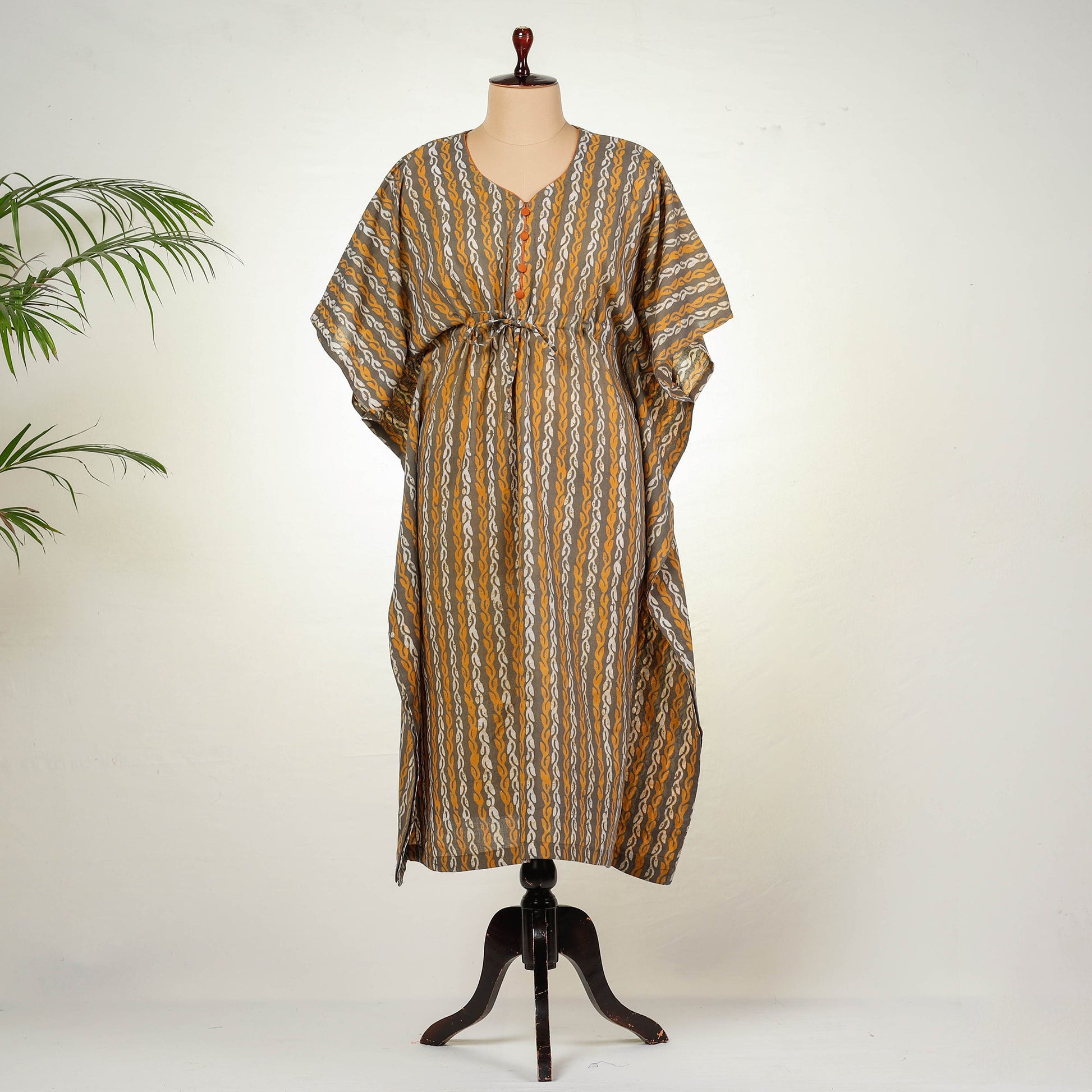 Brown - Hand Batik Printed Cotton Kaftan with Tie-Up Waist (Long)