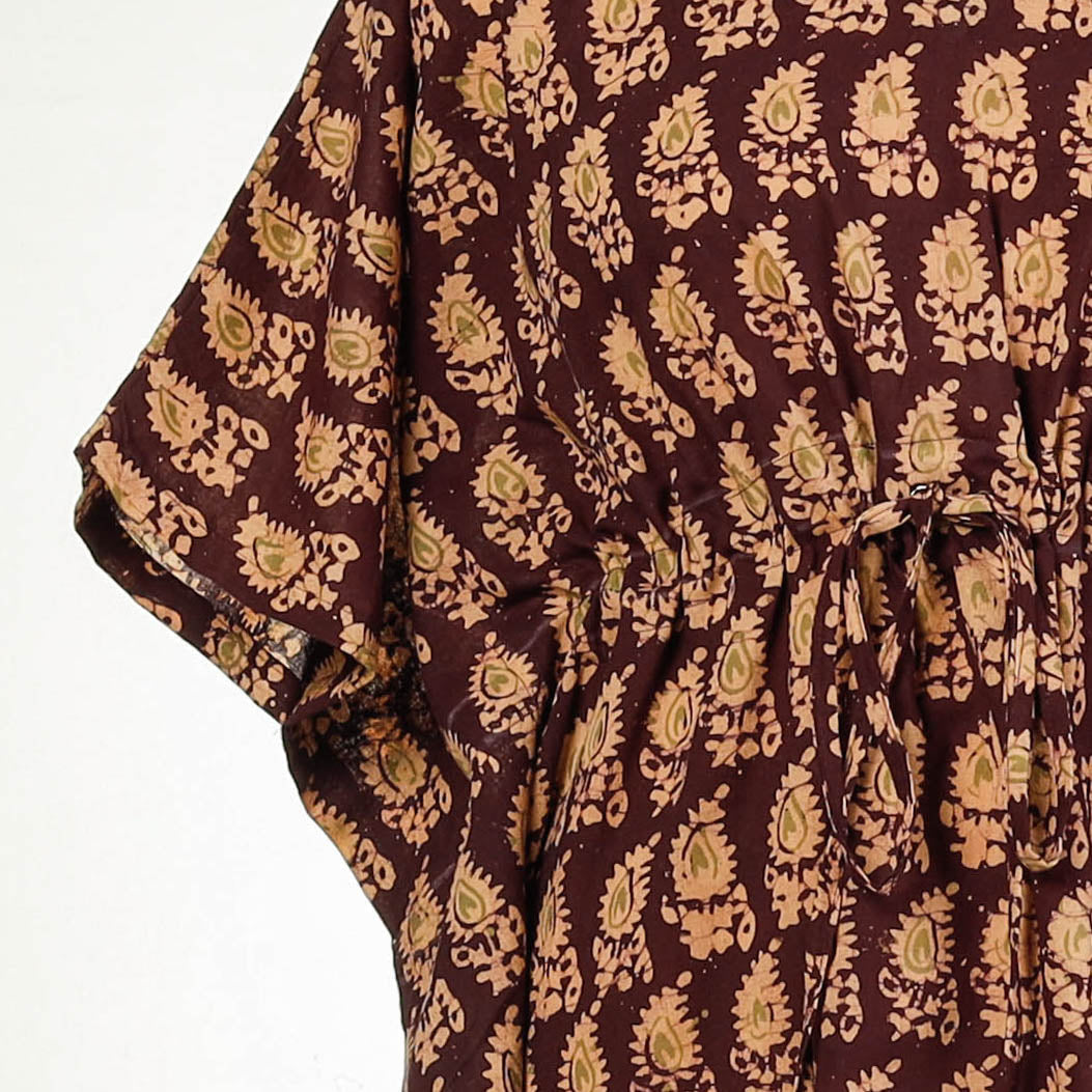 Brown - Hand Batik Printed Cotton Kaftan with Tie-Up Waist (Long)
