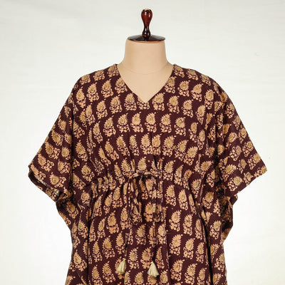 Brown - Hand Batik Printed Cotton Kaftan with Tie-Up Waist (Long)