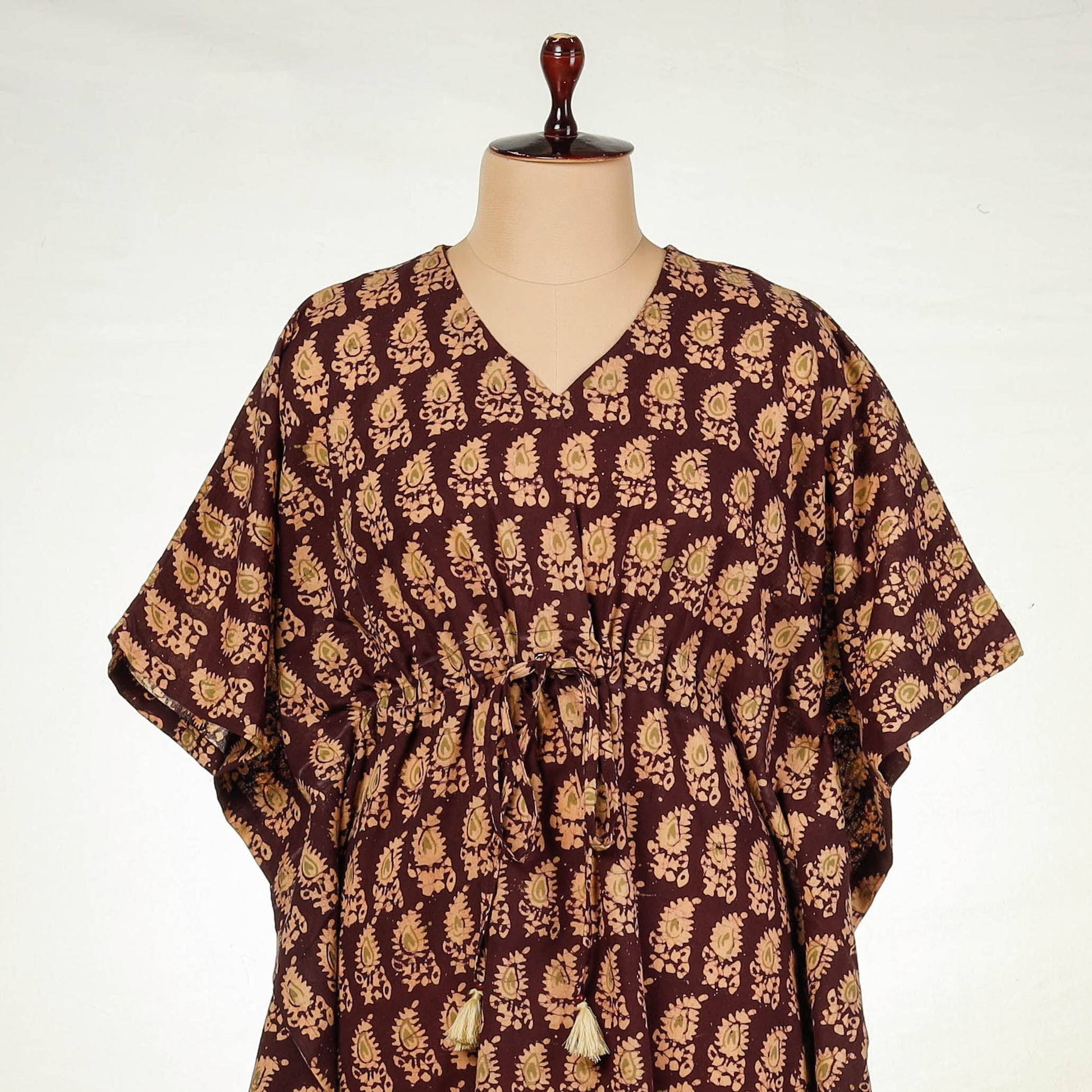 Brown - Hand Batik Printed Cotton Kaftan with Tie-Up Waist (Long)