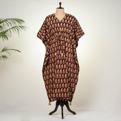 Brown - Hand Batik Printed Cotton Kaftan with Tie-Up Waist (Long)