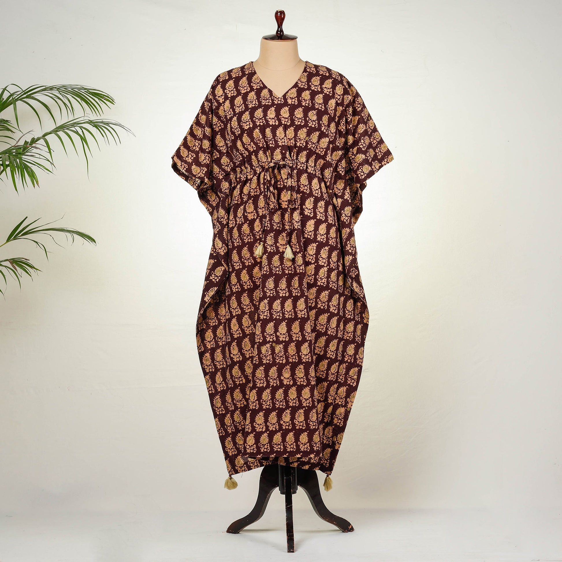 Brown - Hand Batik Printed Cotton Kaftan with Tie-Up Waist (Long)