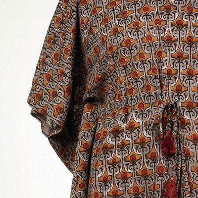 Brown - Bagru Block Printing Cotton Kaftan with Tie-Up Waist (Long)