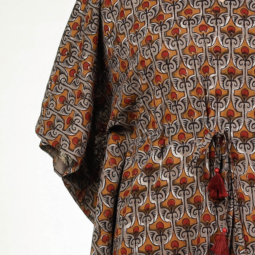 Brown - Bagru Block Printing Cotton Kaftan with Tie-Up Waist (Long)