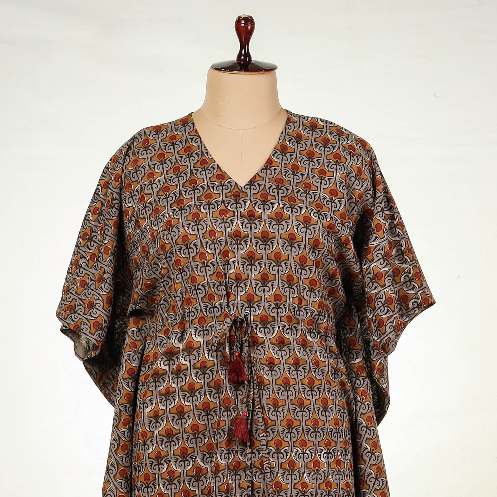 Brown - Bagru Block Printing Cotton Kaftan with Tie-Up Waist (Long)