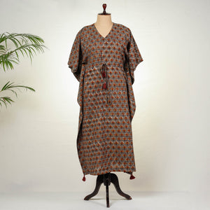 Brown - Bagru Block Printing Cotton Kaftan with Tie-Up Waist (Long)