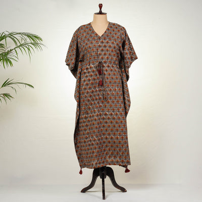 Brown - Bagru Block Printing Cotton Kaftan with Tie-Up Waist (Long)