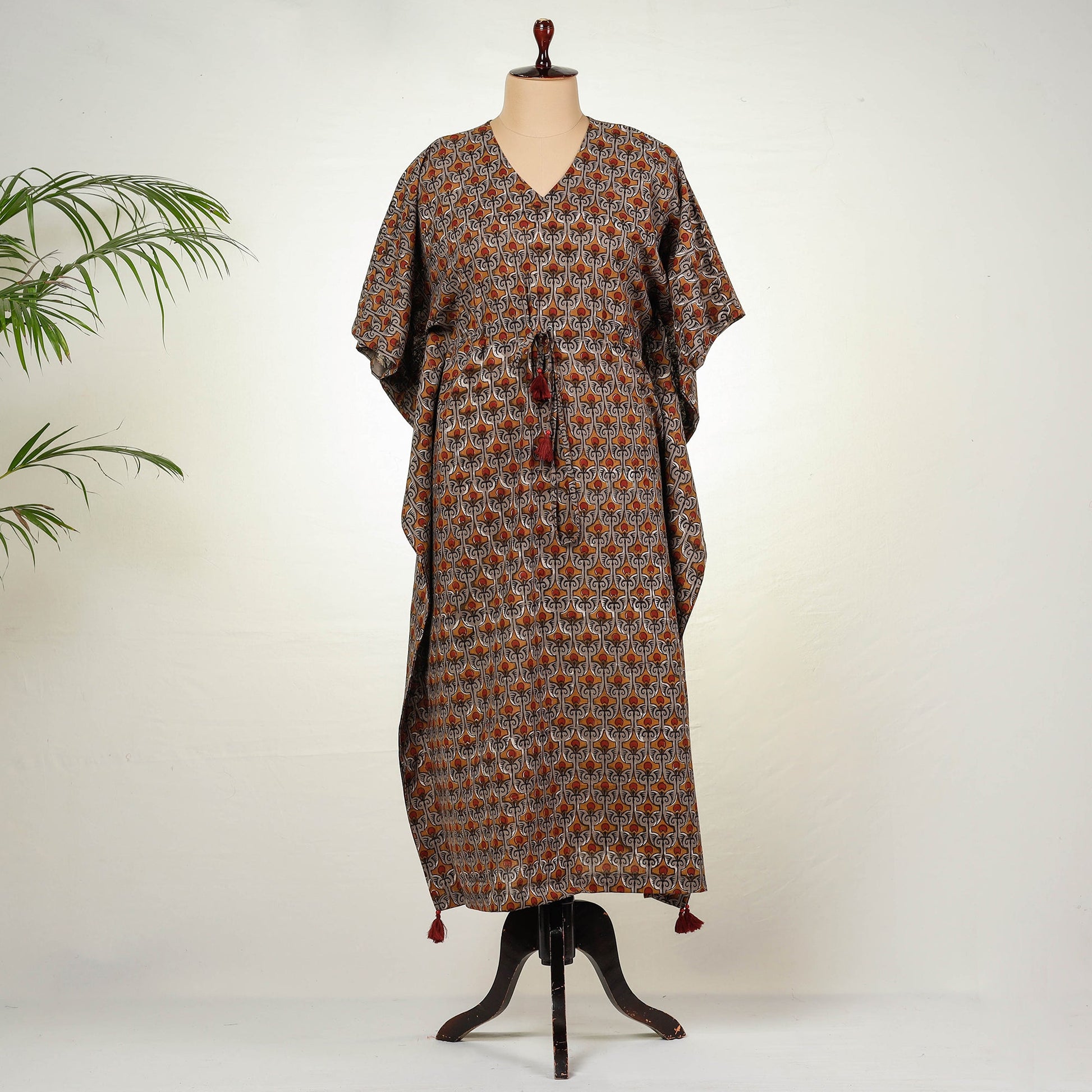 Brown - Bagru Block Printing Cotton Kaftan with Tie-Up Waist (Long)