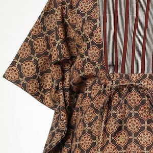 Brown - Bagru Block Printing Cotton Kaftan with Tie-Up Waist (Long)