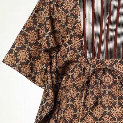 Brown - Bagru Block Printing Cotton Kaftan with Tie-Up Waist (Long)