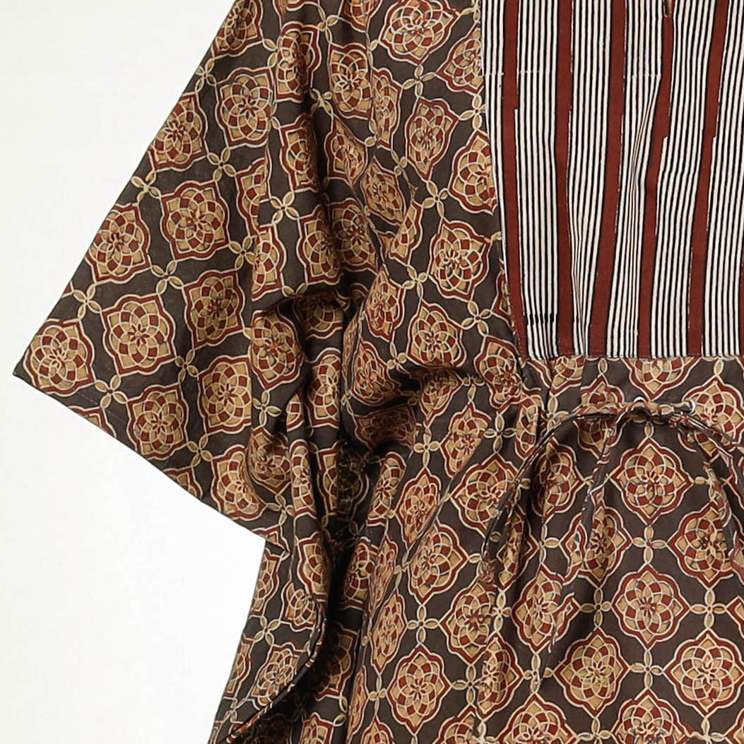 Brown - Bagru Block Printing Cotton Kaftan with Tie-Up Waist (Long)