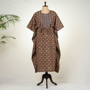 Brown - Bagru Block Printing Cotton Kaftan with Tie-Up Waist (Long)