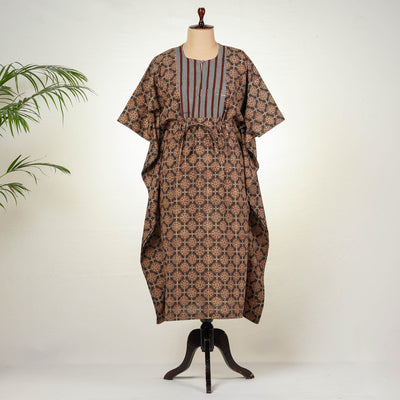 Brown - Bagru Block Printing Cotton Kaftan with Tie-Up Waist (Long)
