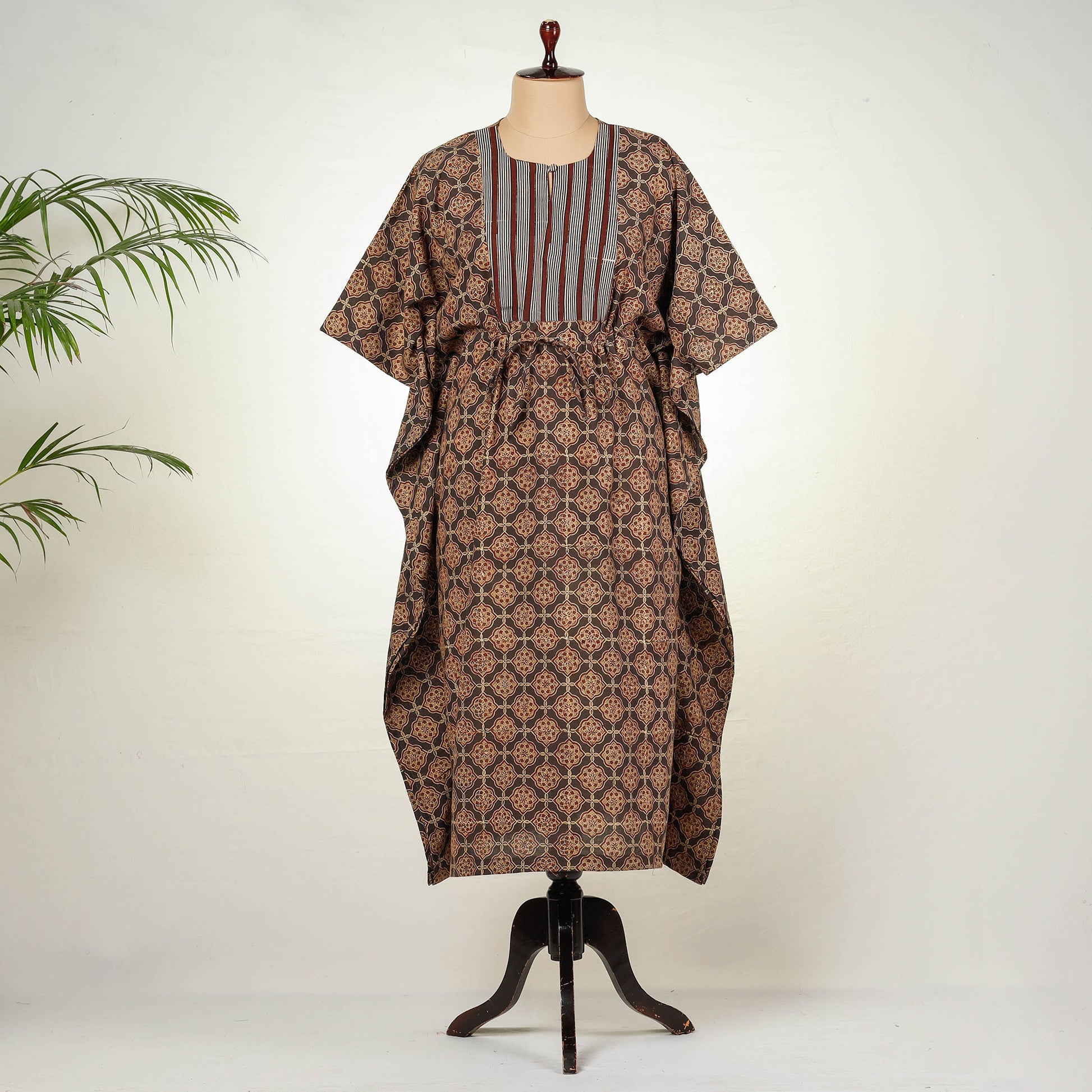 Brown - Bagru Block Printing Cotton Kaftan with Tie-Up Waist (Long)