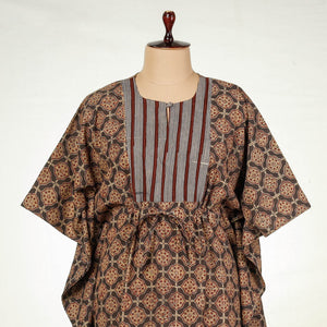 Brown - Bagru Block Printing Cotton Kaftan with Tie-Up Waist (Long)