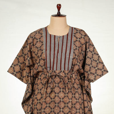 Brown - Bagru Block Printing Cotton Kaftan with Tie-Up Waist (Long)
