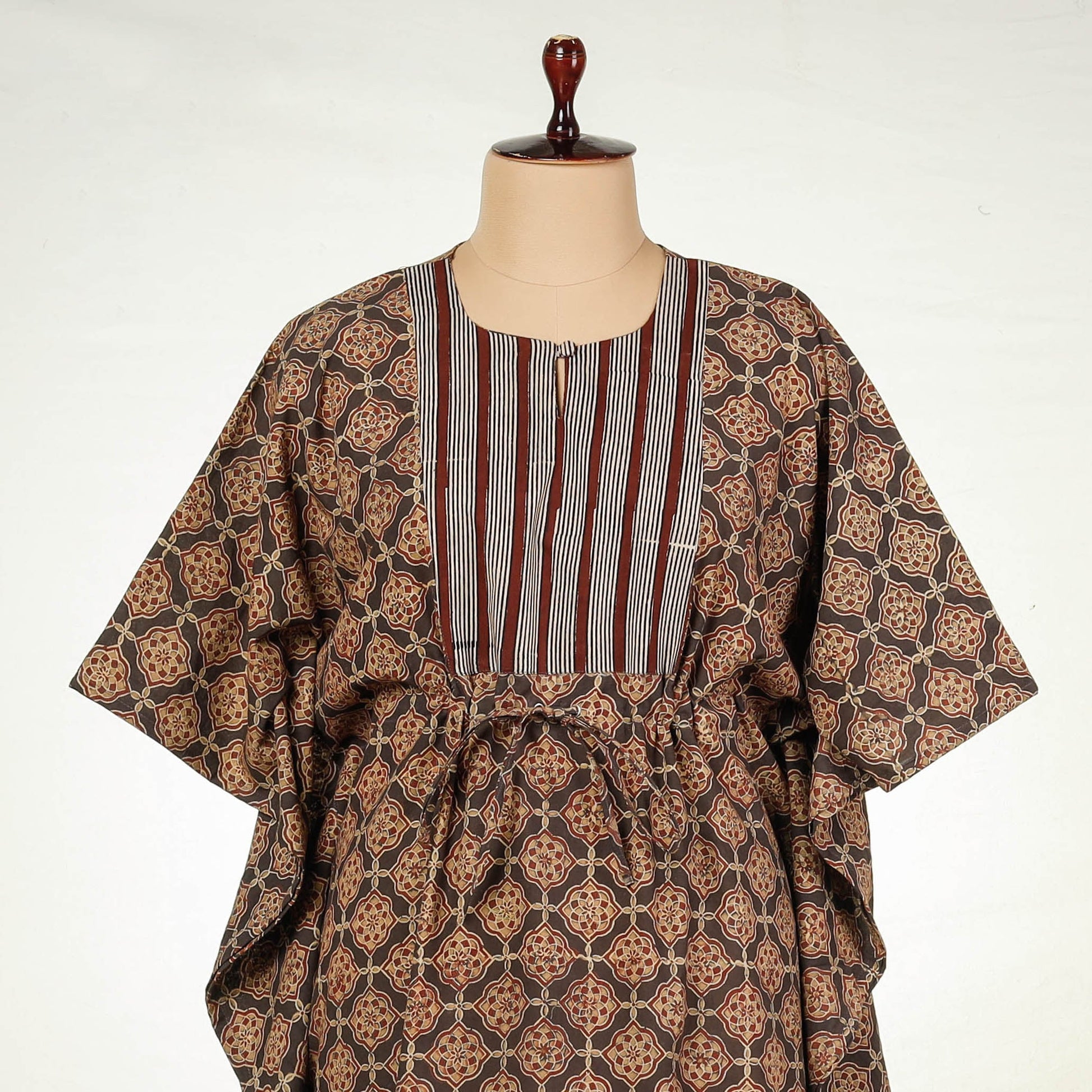 Brown - Bagru Block Printing Cotton Kaftan with Tie-Up Waist (Long)