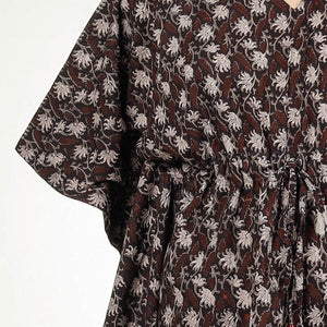 Brown - Bagru Block Printing Cotton Kaftan with Tie-Up Waist (Long)