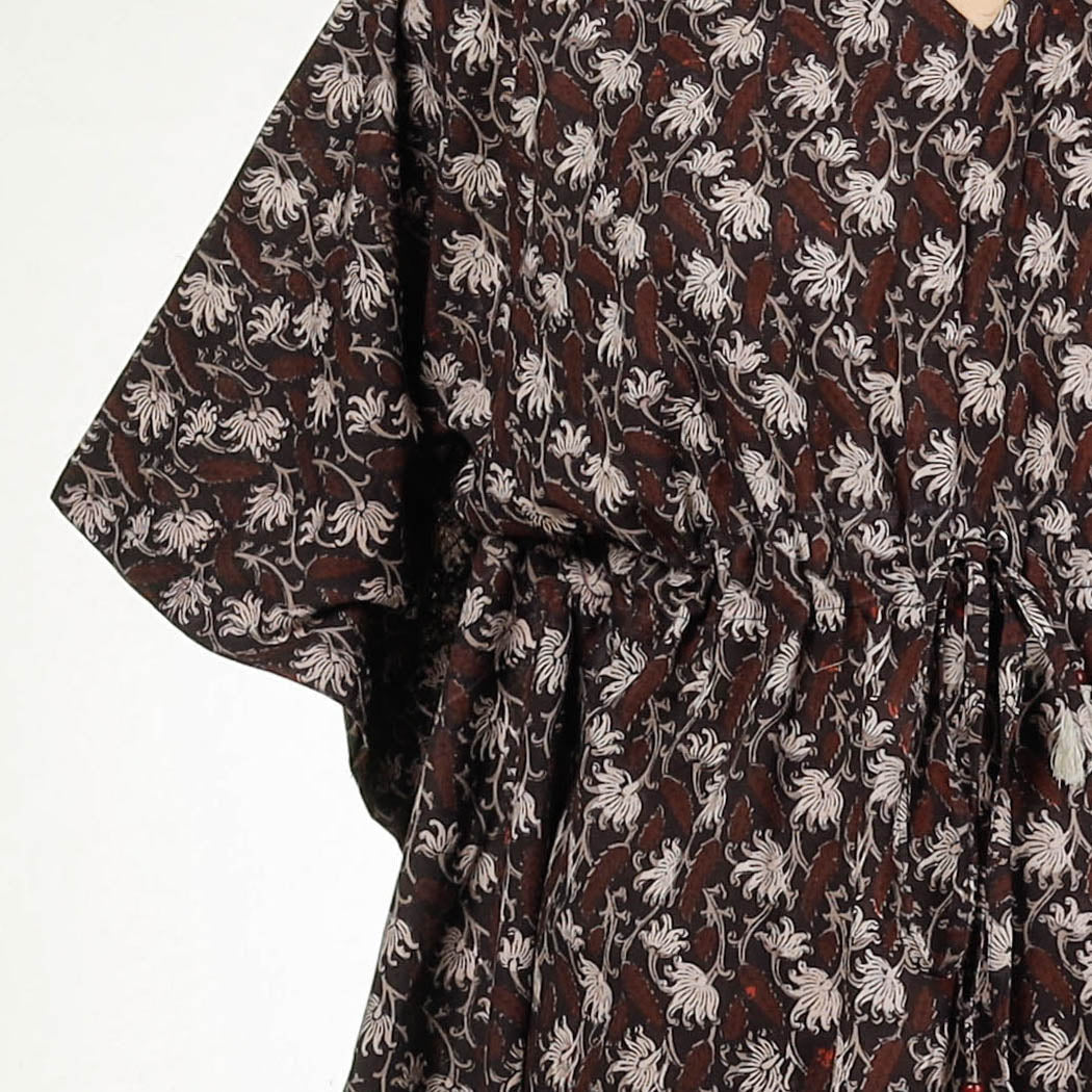 Brown - Bagru Block Printing Cotton Kaftan with Tie-Up Waist (Long)
