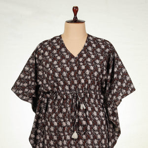 Brown - Bagru Block Printing Cotton Kaftan with Tie-Up Waist (Long)