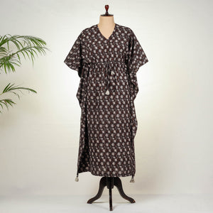 Brown - Bagru Block Printing Cotton Kaftan with Tie-Up Waist (Long)