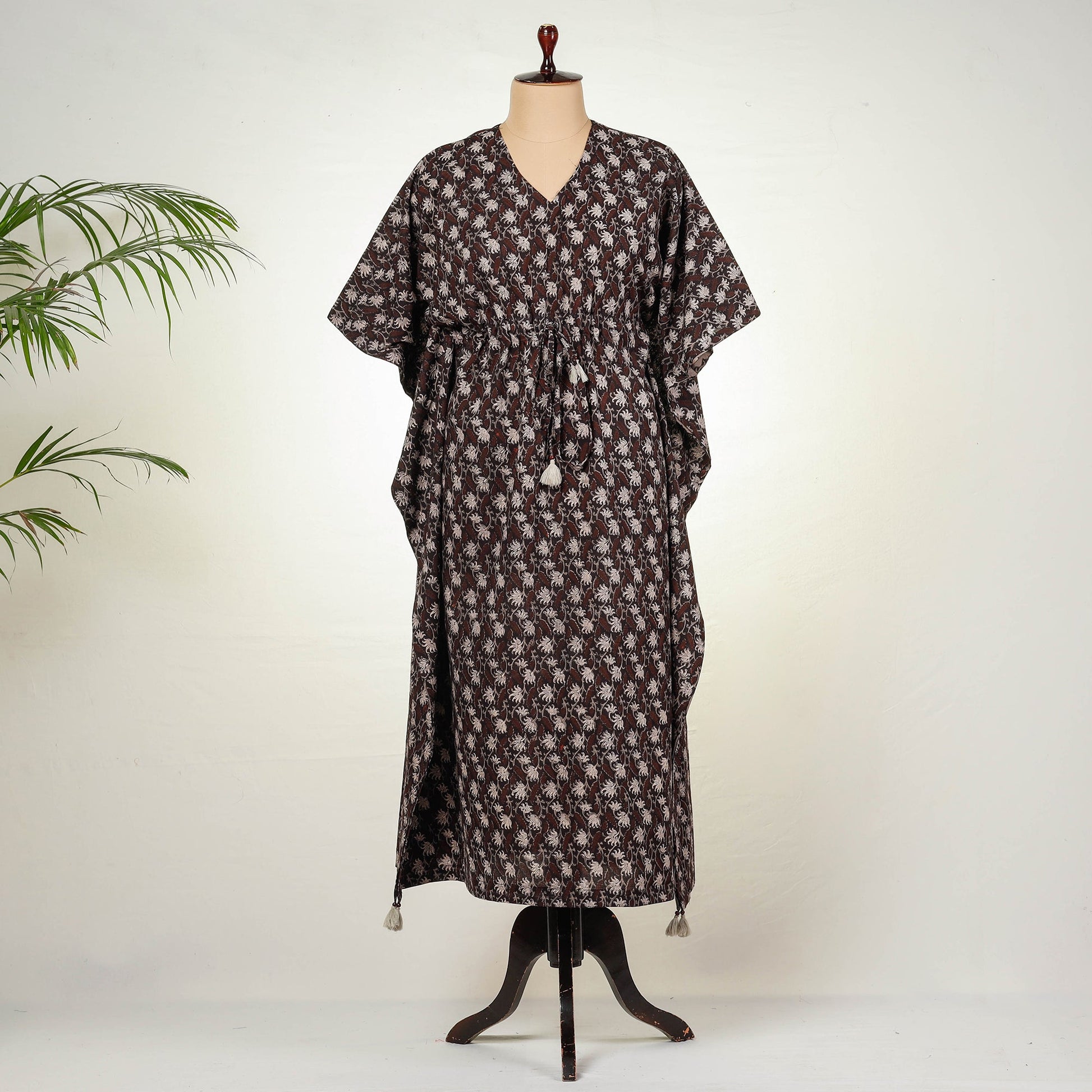 Brown - Bagru Block Printing Cotton Kaftan with Tie-Up Waist (Long)
