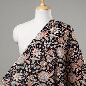 Black with Flowers Block Printed Cotton Sanganeri Fabric