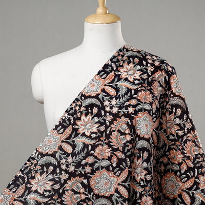 Black with Flowers Block Printed Cotton Sanganeri Fabric