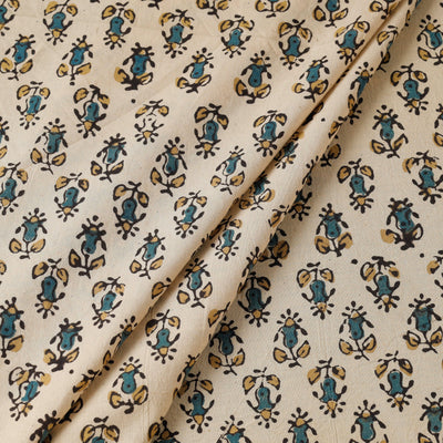 Beige - Bisque Green Florets Block Print Cotton Ajrakh Fabric 47