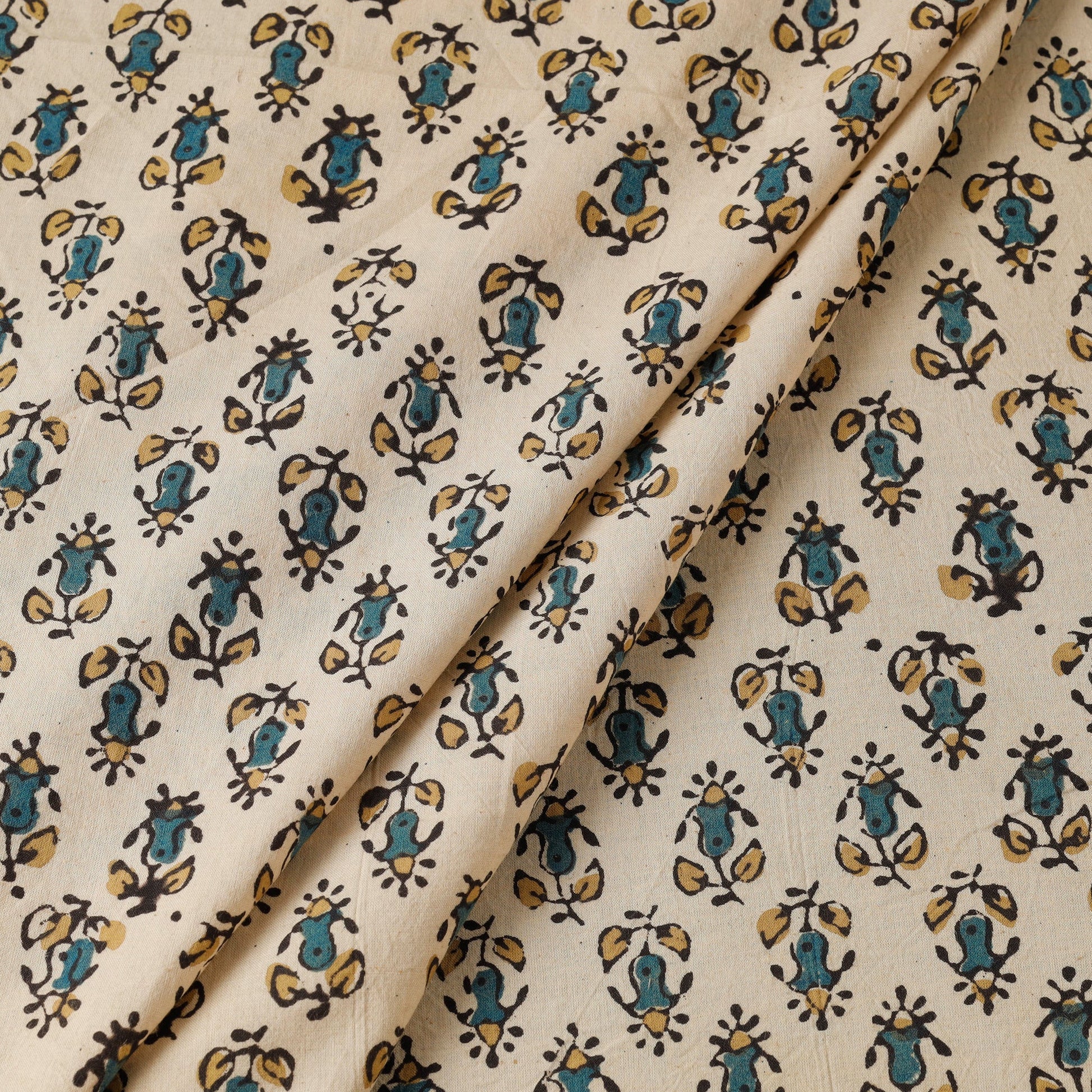 Beige - Bisque Green Florets Block Print Cotton Ajrakh Fabric 47