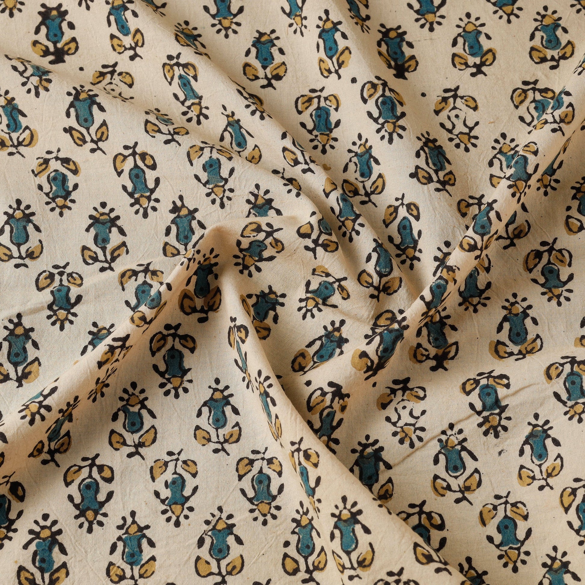 Beige - Bisque Green Florets Block Print Cotton Ajrakh Fabric 47