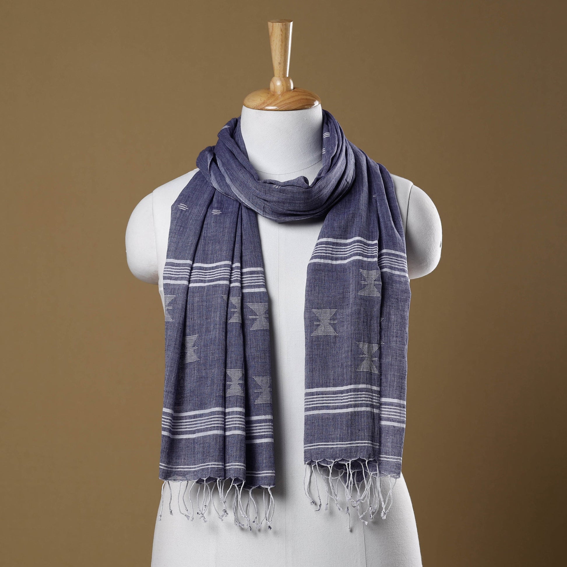 Blue - Burdwan Jamdani Buti Handloom Cotton Stole with Tassels