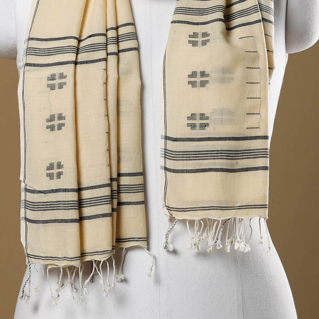 Beige - Burdwan Jamdani Buti Handloom Cotton Stole with Tassels