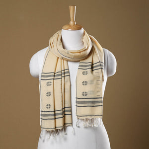 Beige - Burdwan Jamdani Buti Handloom Cotton Stole with Tassels