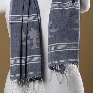 Blue - Burdwan Jamdani Buti Handloom Cotton Stole with Tassels