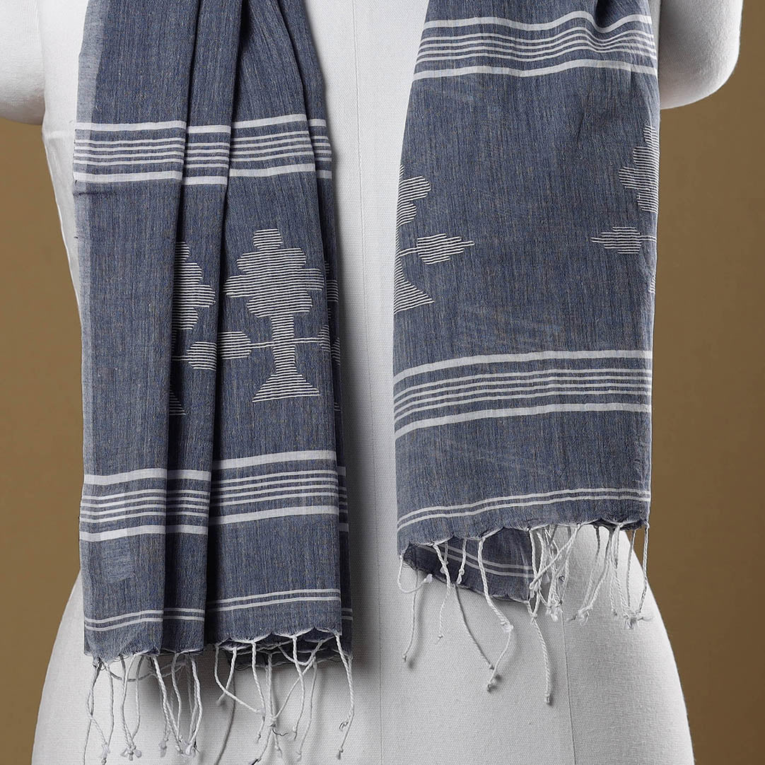 Blue - Burdwan Jamdani Buti Handloom Cotton Stole with Tassels